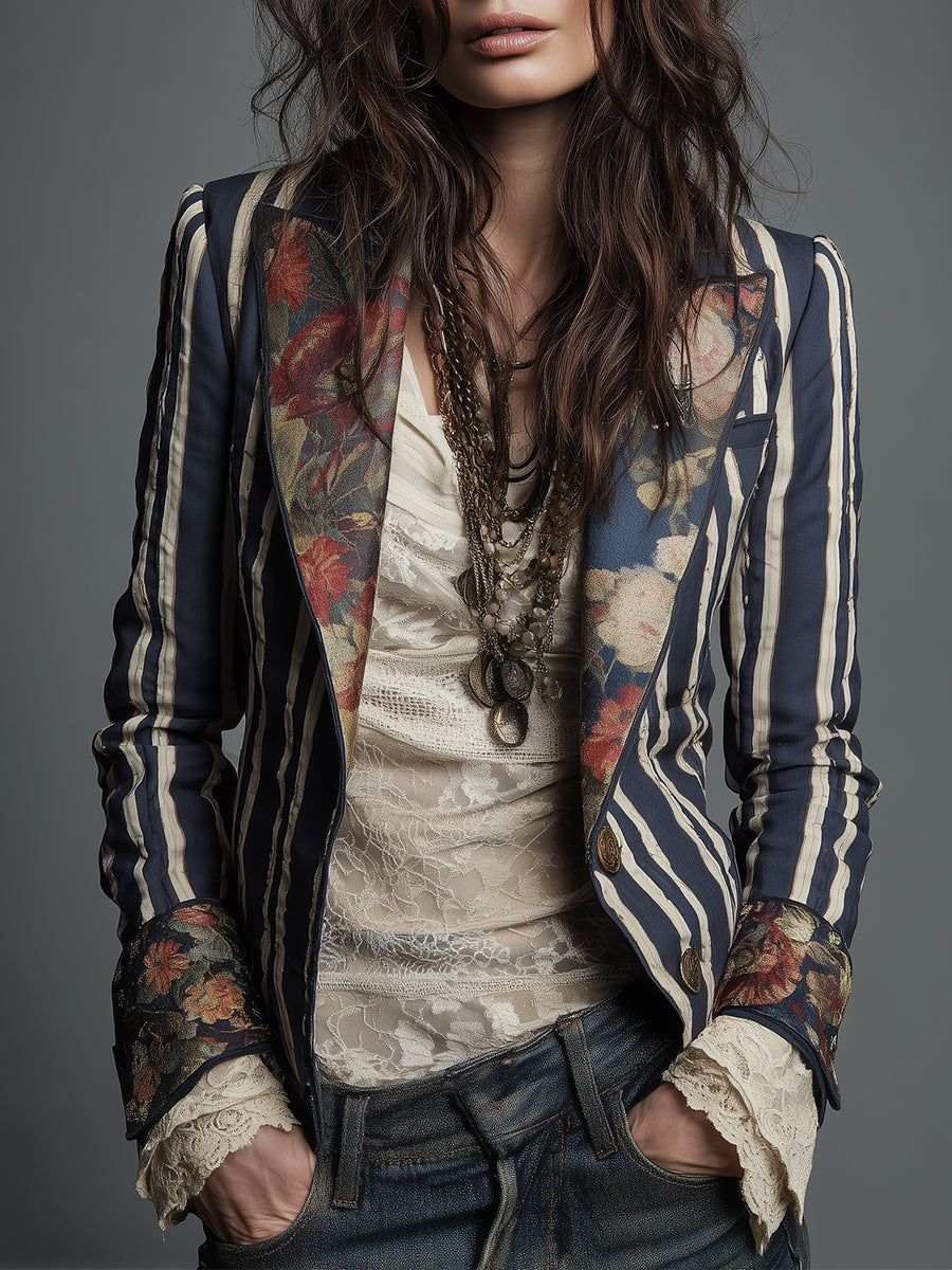 JOSEFINA | Blazer a Rayas con Estampado Floral Bohemio