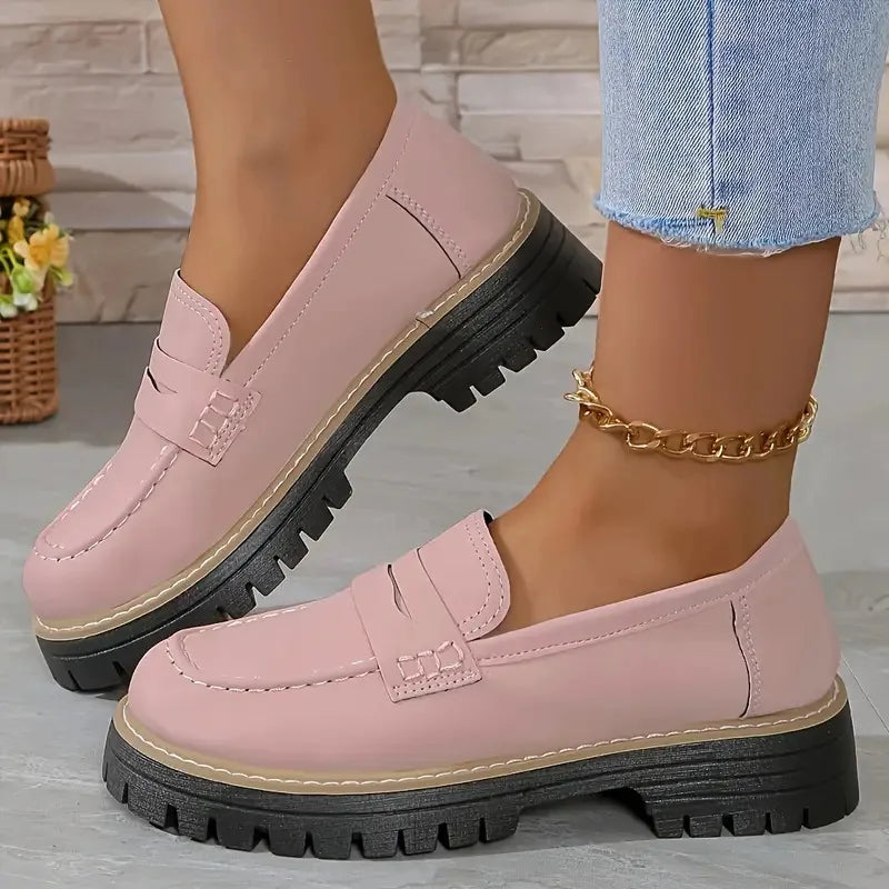 CLARA | Mocasines Retro de Tacón Grueso - Rosa