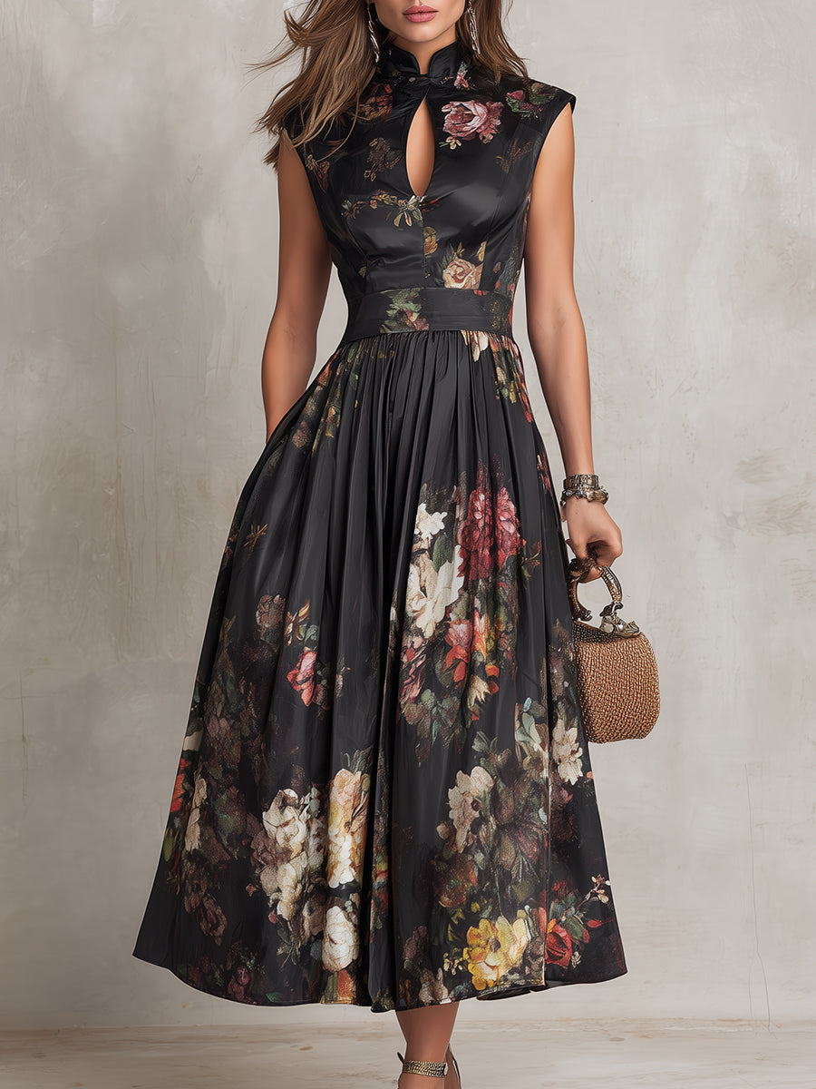 Vestido Midi de Satén Plisado con Cuello Cut-Out Negro