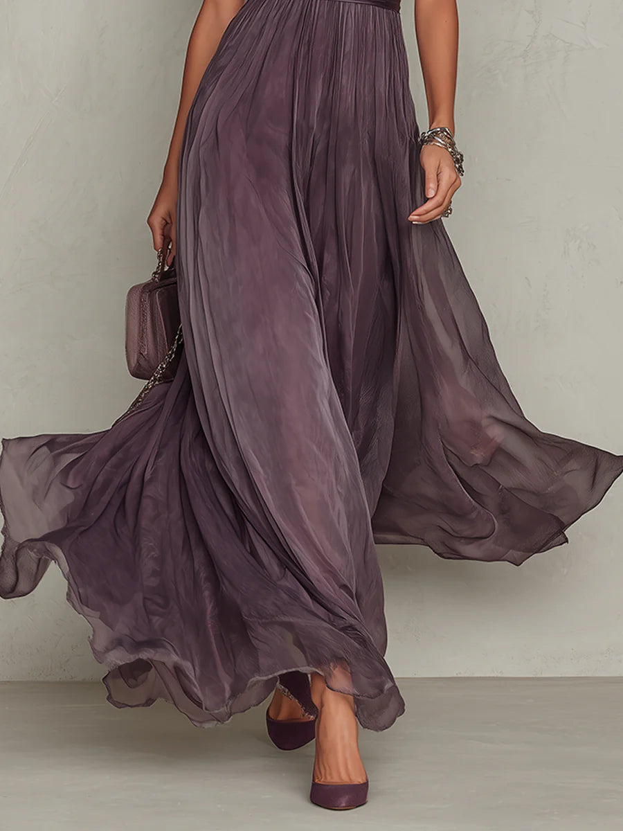Vestido Maxi de Gasa con Cuello Abierto Morado