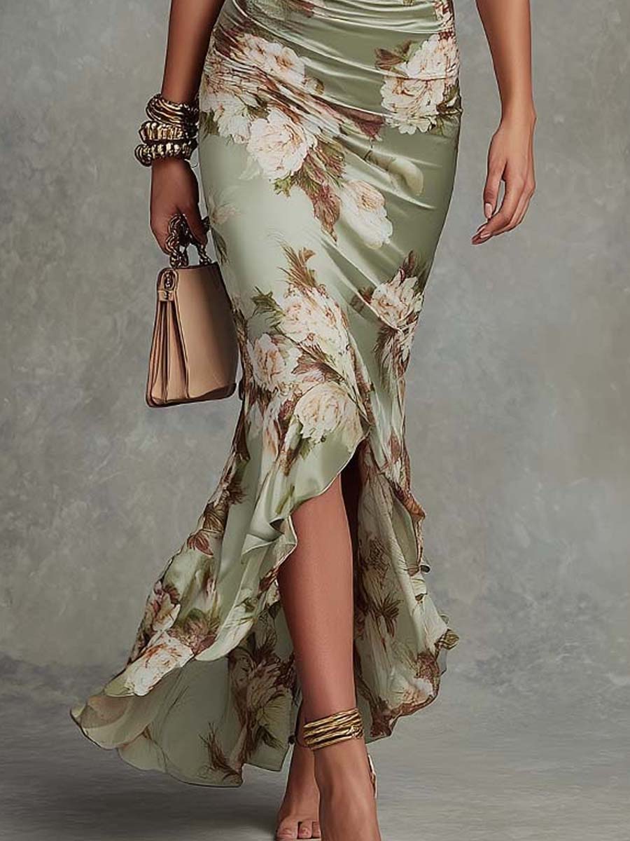 Vestido Maxi Asimétrico de Raso Verde con Flores