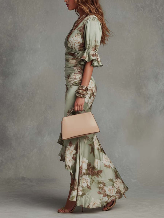 Vestido Maxi Asimétrico de Raso Verde con Flores