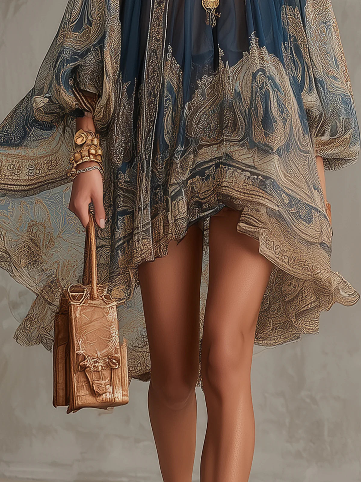 Vestido Mini de Gasa con Estampado Barroco Azul Marino