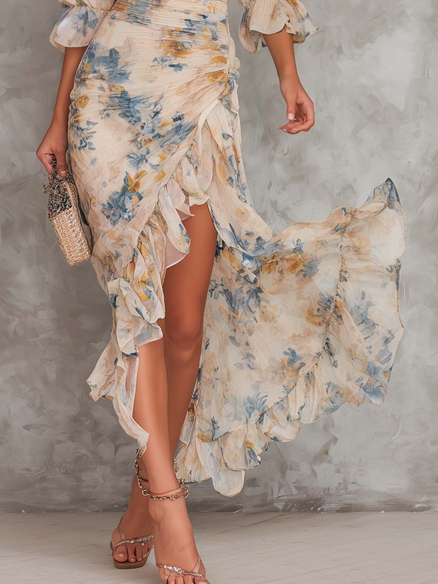 Vestido Maxi de Gasa Irregular con Estampado Floral