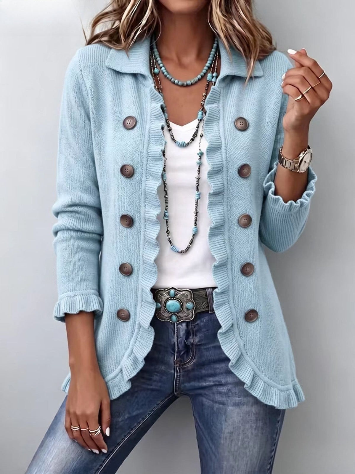 CONSUELO | Chaqueta de Punto Azul Empolvado con Volantes