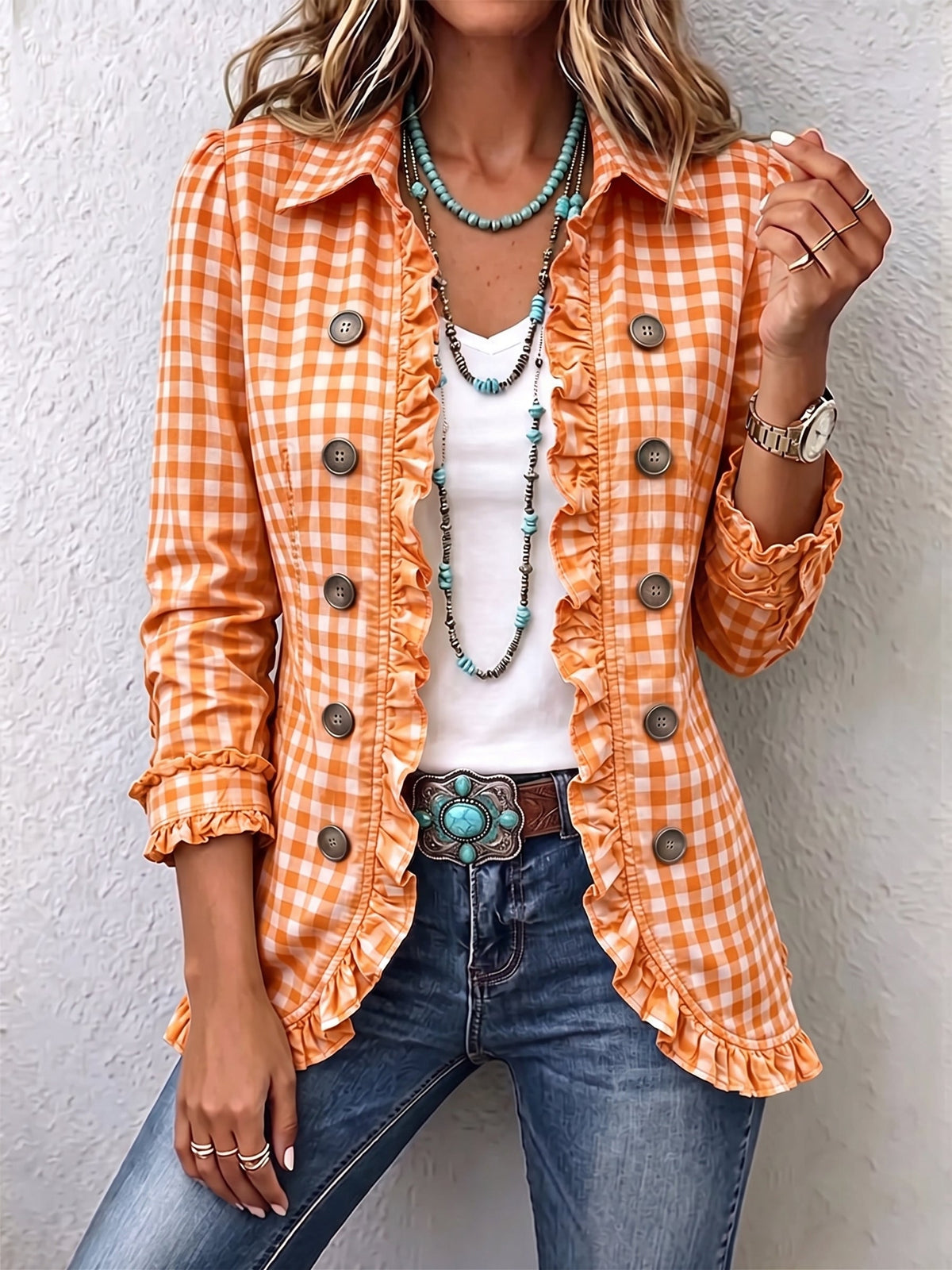 PILAR | Chaqueta de Cuadros Vichy Naranja con Volantes