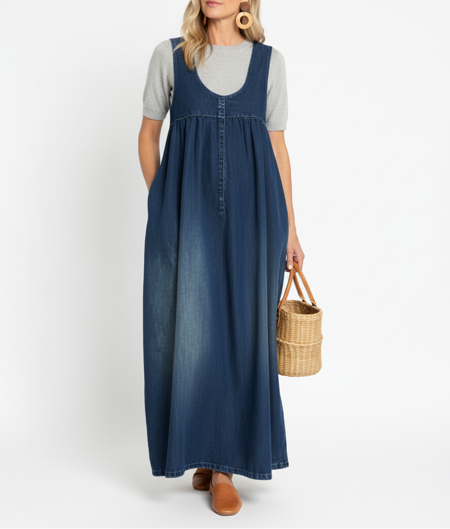 KAREN | Vestido Largo de Denim Lavado Vintage con Toque de Algodón Suave