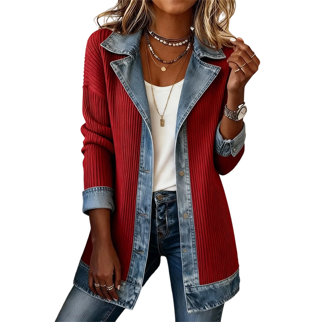 ROCÍO | Chaqueta Vaquera Roja con Punto Acanalado