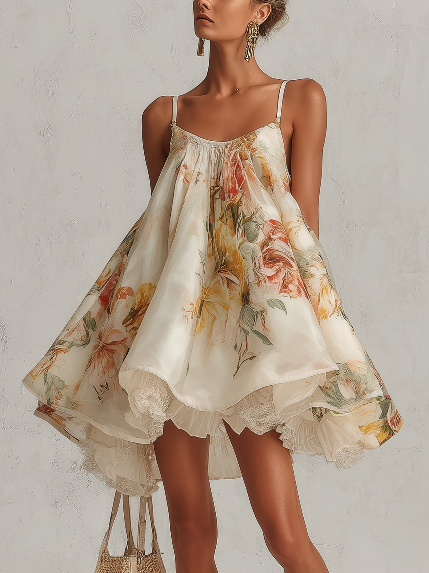 Liliana | Vestido corto línea A en organza beige con estampado floral y bajo de encaje