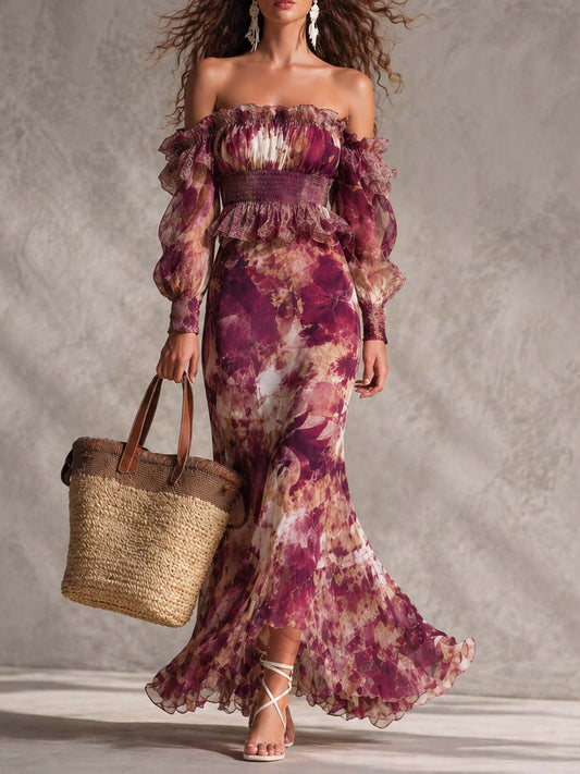 Vestido Maxi de Gasa Rosa con Hombros Descubiertos