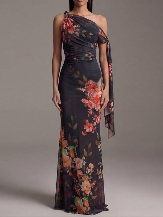 Vestido Maxi Plisado Negro de un Hombro