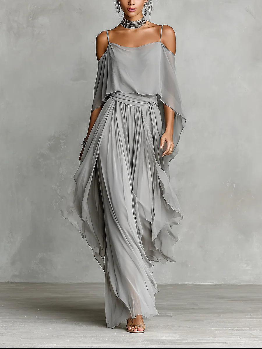 Conjunto de Gasa Gris: Top y Pantalón