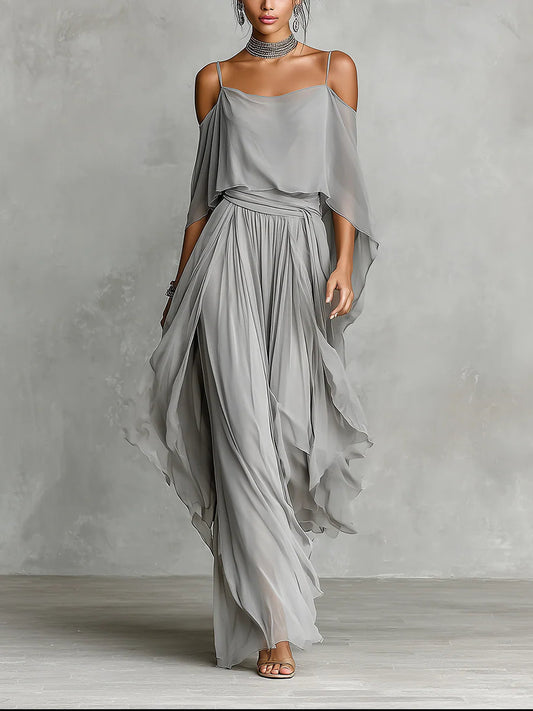 Conjunto de Gasa Gris: Top y Pantalón