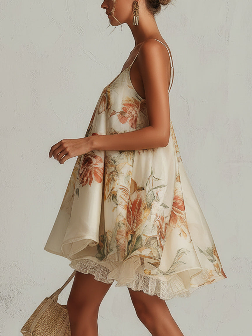 Liliana | Vestido corto línea A en organza beige con estampado floral y bajo de encaje