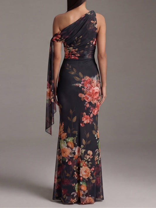 Vestido Maxi Plisado Negro de un Hombro