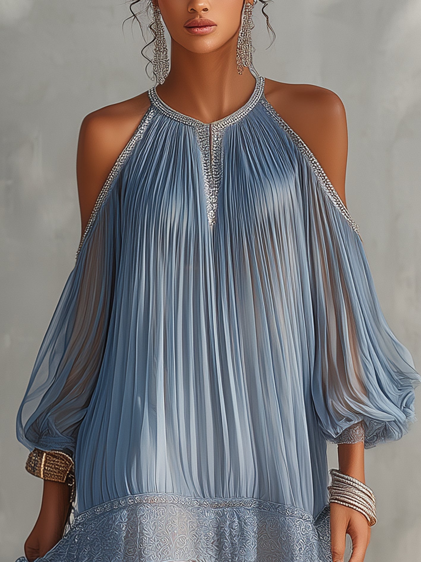 Celeste | Minivestido azul con hombros descubiertos, fruncido y bajo de encaje