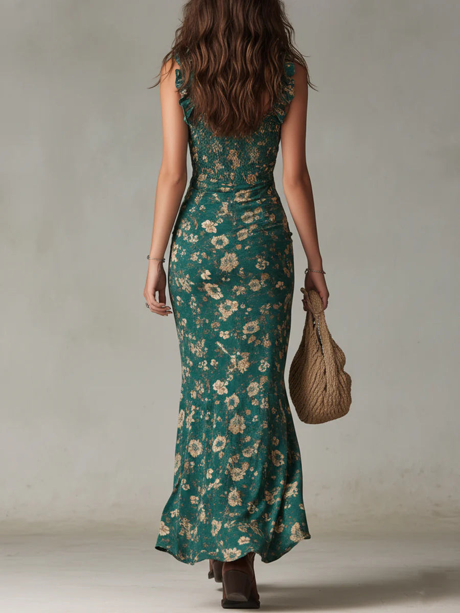 Vestido Maxi Estampado Verde Bohemio con Mangas de Volantes