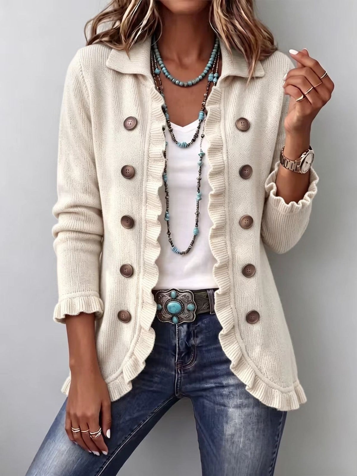 ANTONIA | Chaqueta de Punto Marfil con Volantes