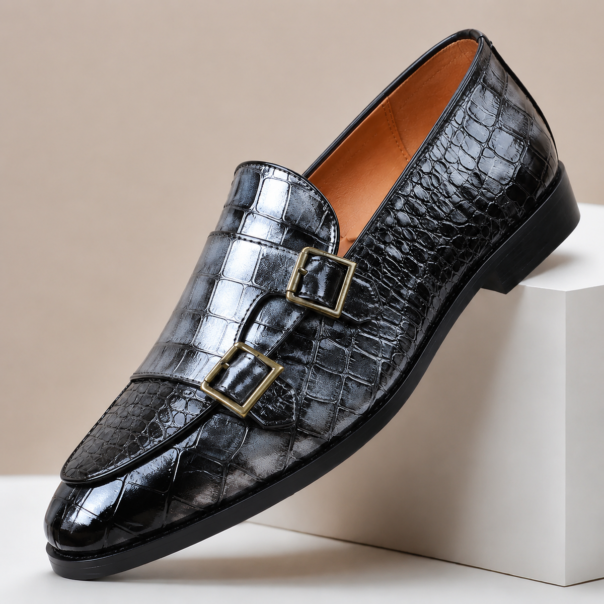 PABLO | Mocasines de Doble Hebilla Efecto Cocodrilo