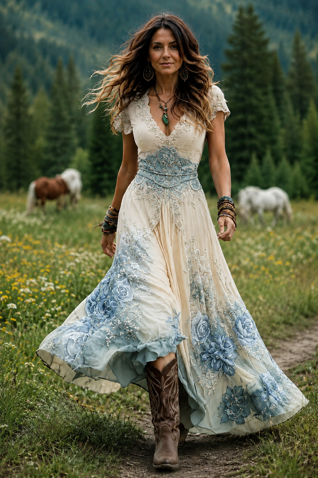 AITANA | Vestido Largo Étnico Retro con Cuello en V