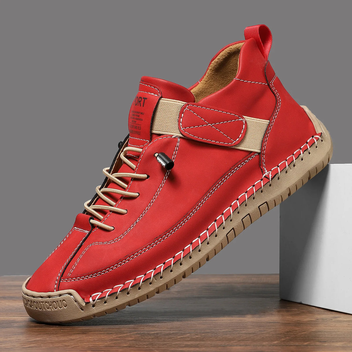 GRETA | Botas planas con parches de cuero y microfibra - Rojo