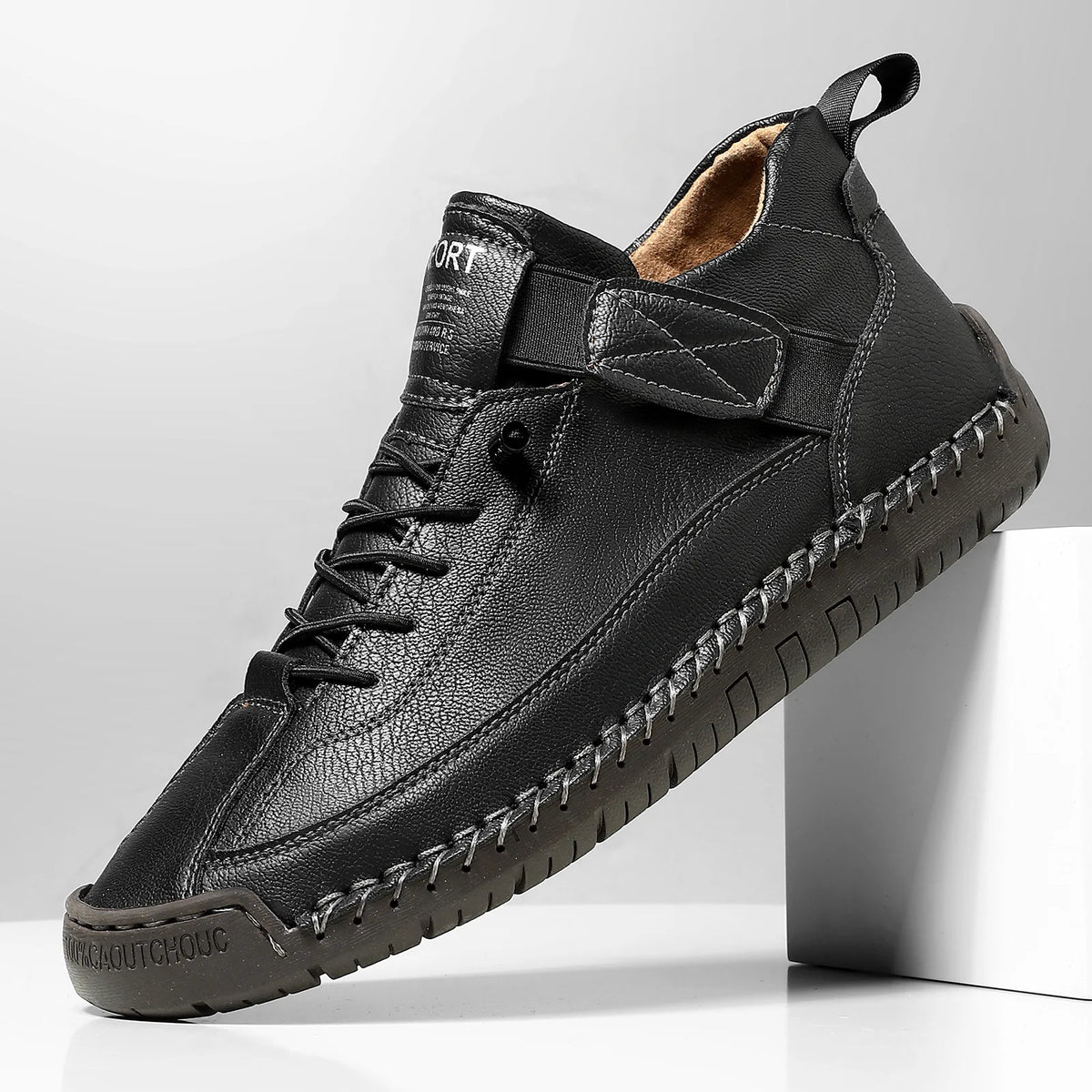 GRETA | Botas planas con parches de cuero y microfibra - Negro