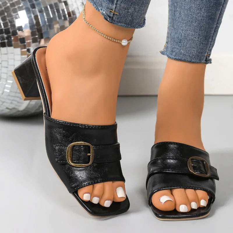 ISABEL - Zapatillas de Tacón de Bloque con Hebilla Negras