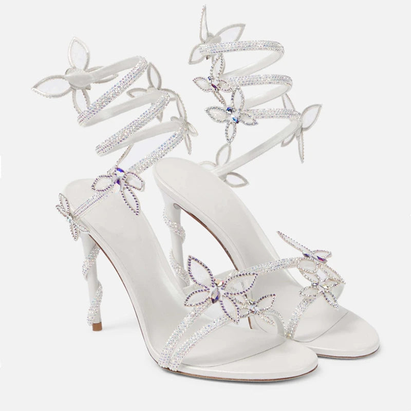 JULIA - Sandalias de Lujo con Cristales y Mariposa Blanca