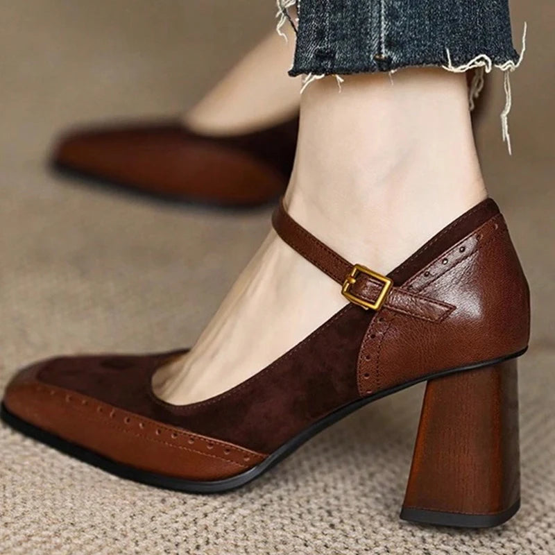 VERONICA - Zapatos Vintage de Punta Cuadrada Marrones