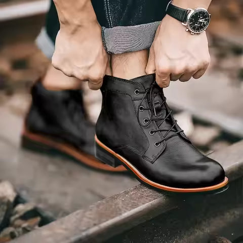Botines vintage de cuero negro para hombre
