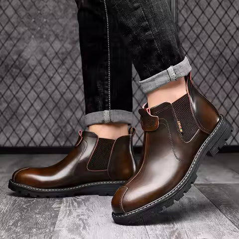 Botines de cuero marrón costura doble para hombre
