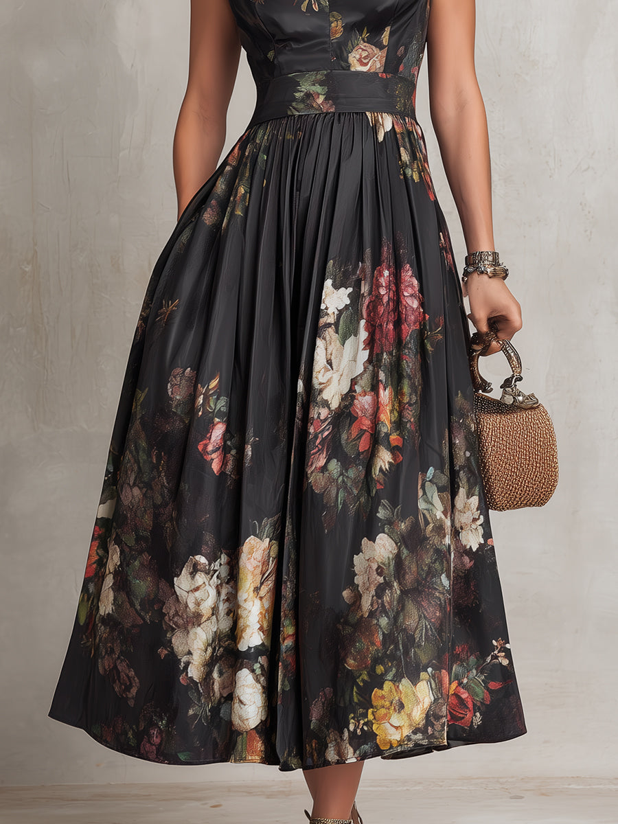 Vestido Midi de Satén Plisado con Cuello Cut-Out Negro