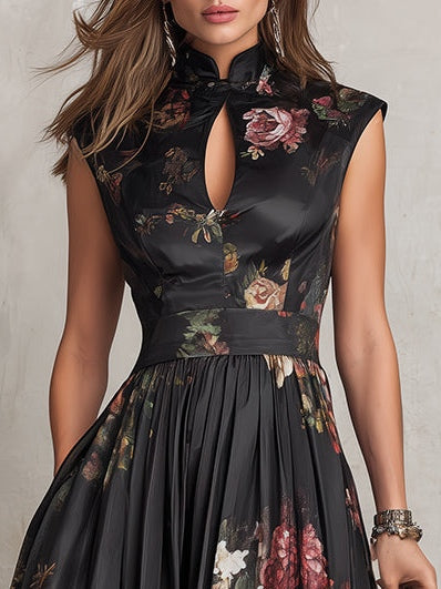 Vestido Midi de Satén Plisado con Cuello Cut-Out Negro