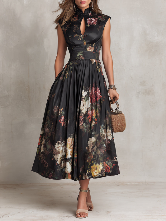 Vestido Midi de Satén Plisado con Cuello Cut-Out Negro