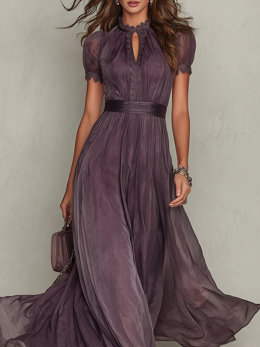 Vestido Maxi de Gasa con Cuello Abierto Morado