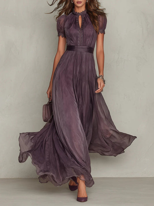 Vestido Maxi de Gasa con Cuello Abierto Morado