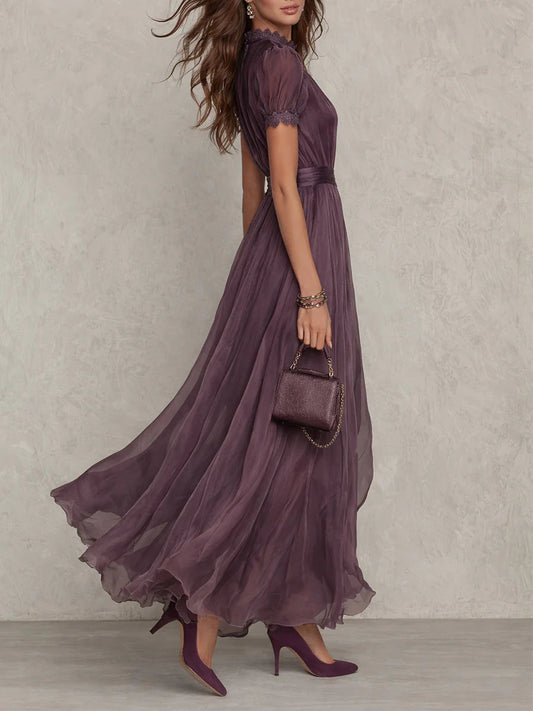 Vestido Maxi de Gasa con Cuello Abierto Morado