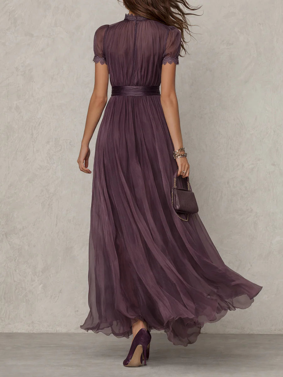 Vestido Maxi de Gasa con Cuello Abierto Morado