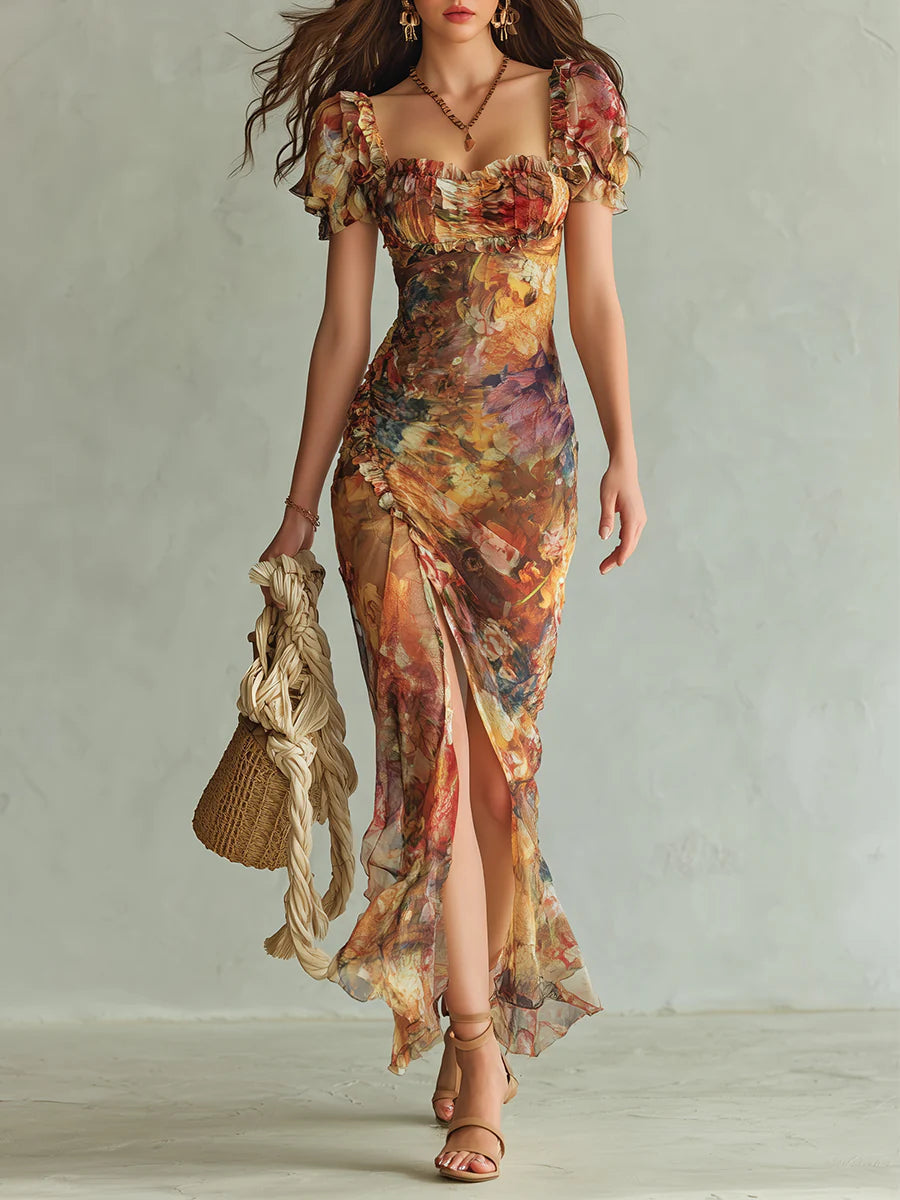 Vestido Maxi de Gasa Naranja con Estampado al Óleo