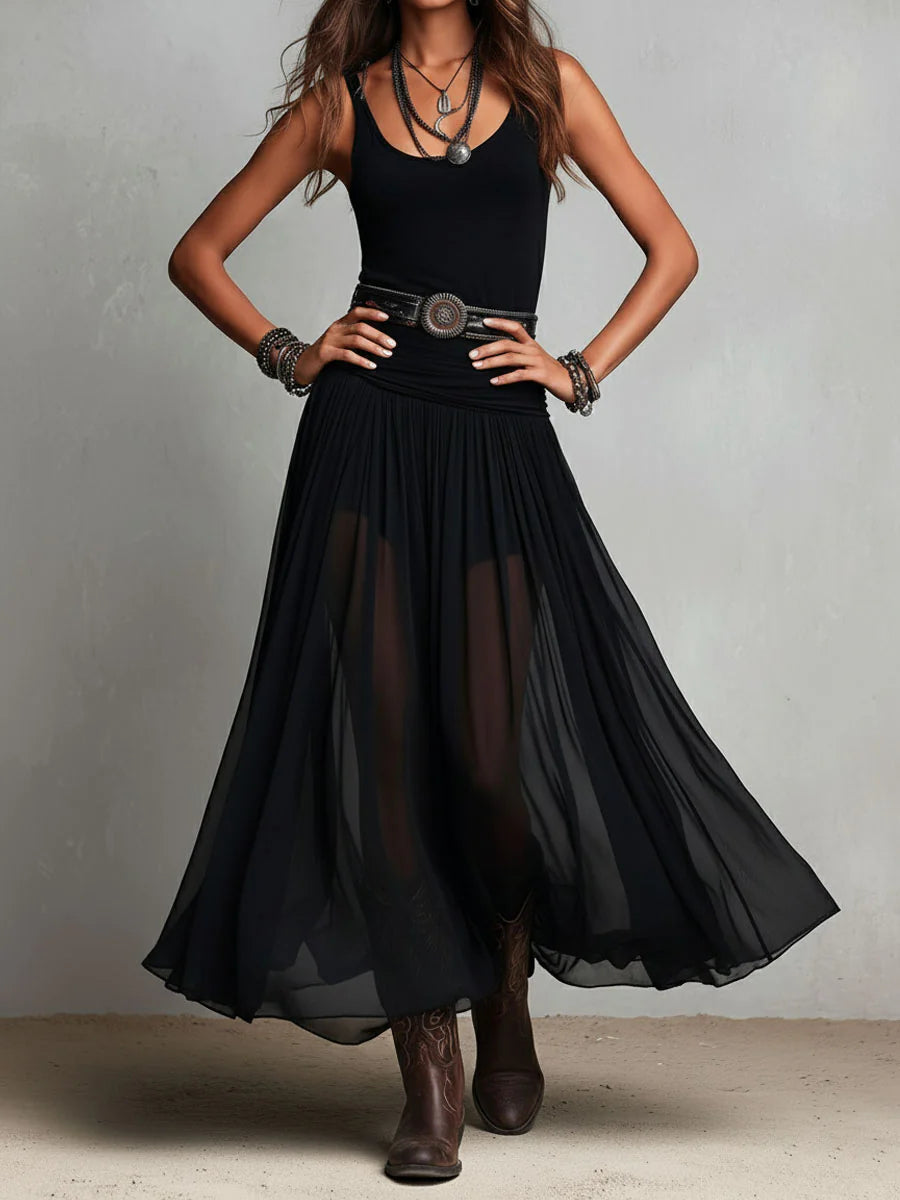 Conjunto Top Negro y Falda Maxi de Tul