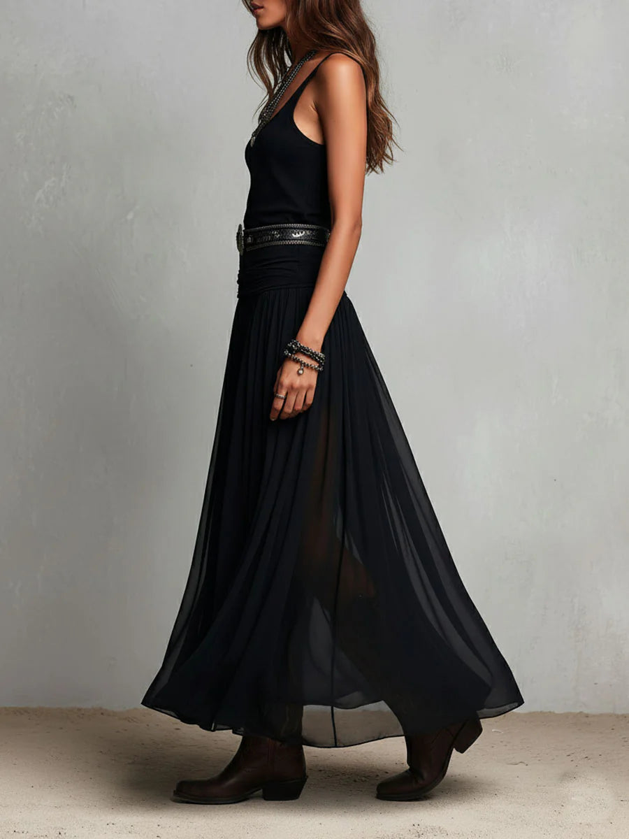 Conjunto Top Negro y Falda Maxi de Tul