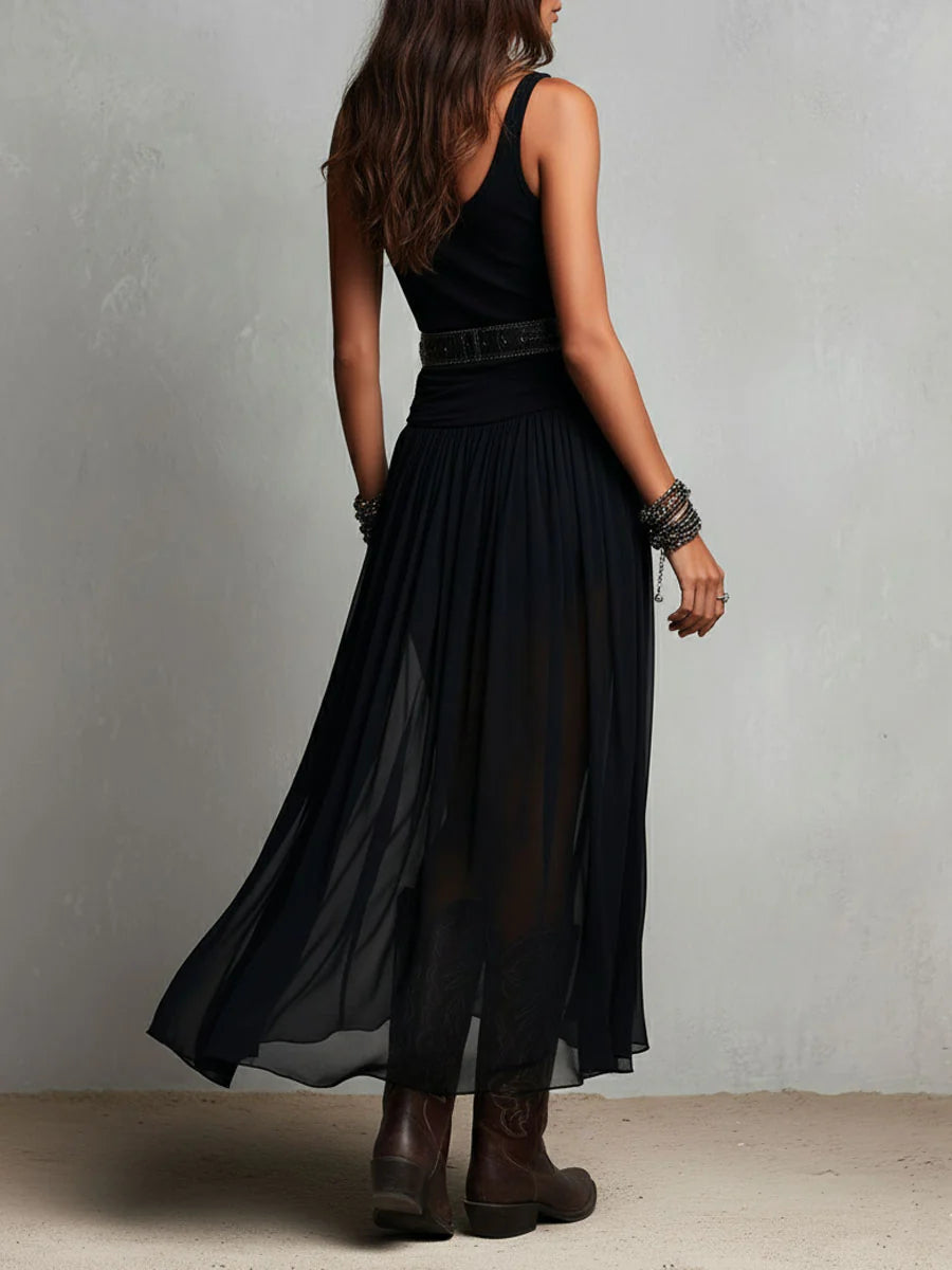 Conjunto Top Negro y Falda Maxi de Tul