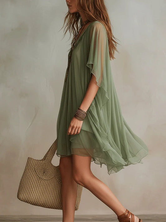 Vestido Mini Fluido de Gasa Verde con Escote en V