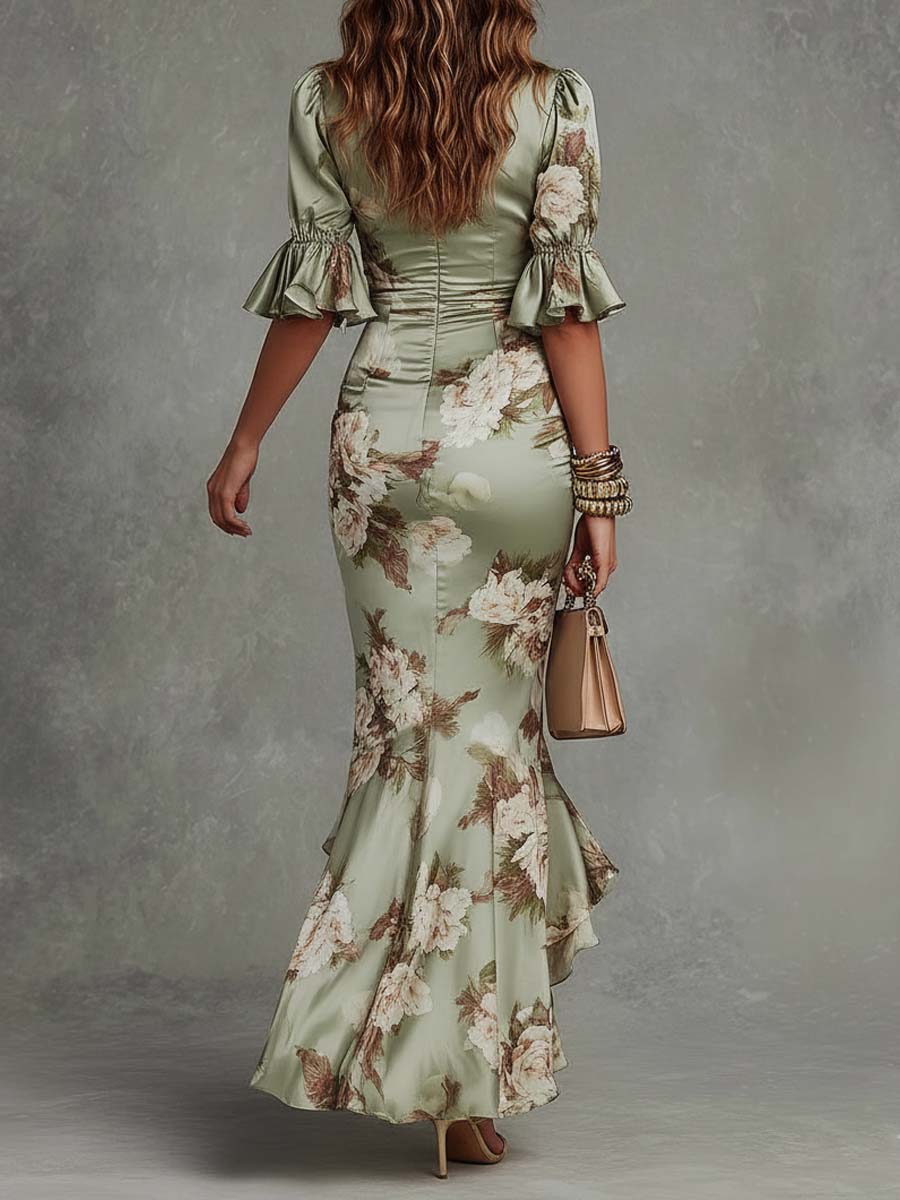 Vestido Maxi Asimétrico de Raso Verde con Flores