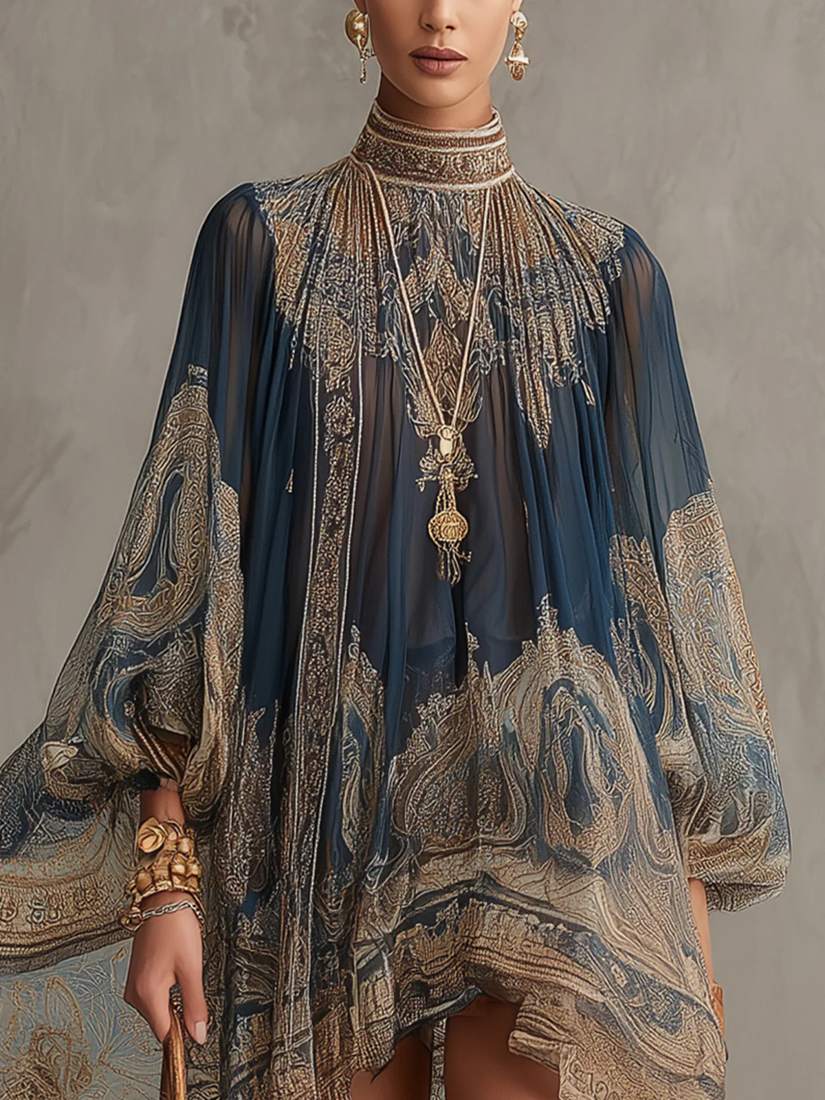 Vestido Mini de Gasa con Estampado Barroco Azul Marino