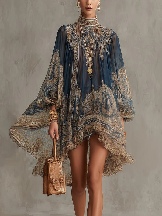 Vestido Mini de Gasa con Estampado Barroco Azul Marino