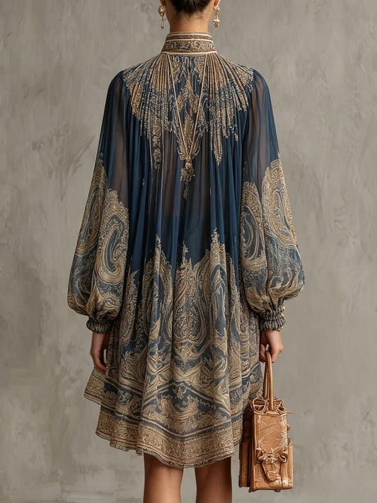 Vestido Mini de Gasa con Estampado Barroco Azul Marino