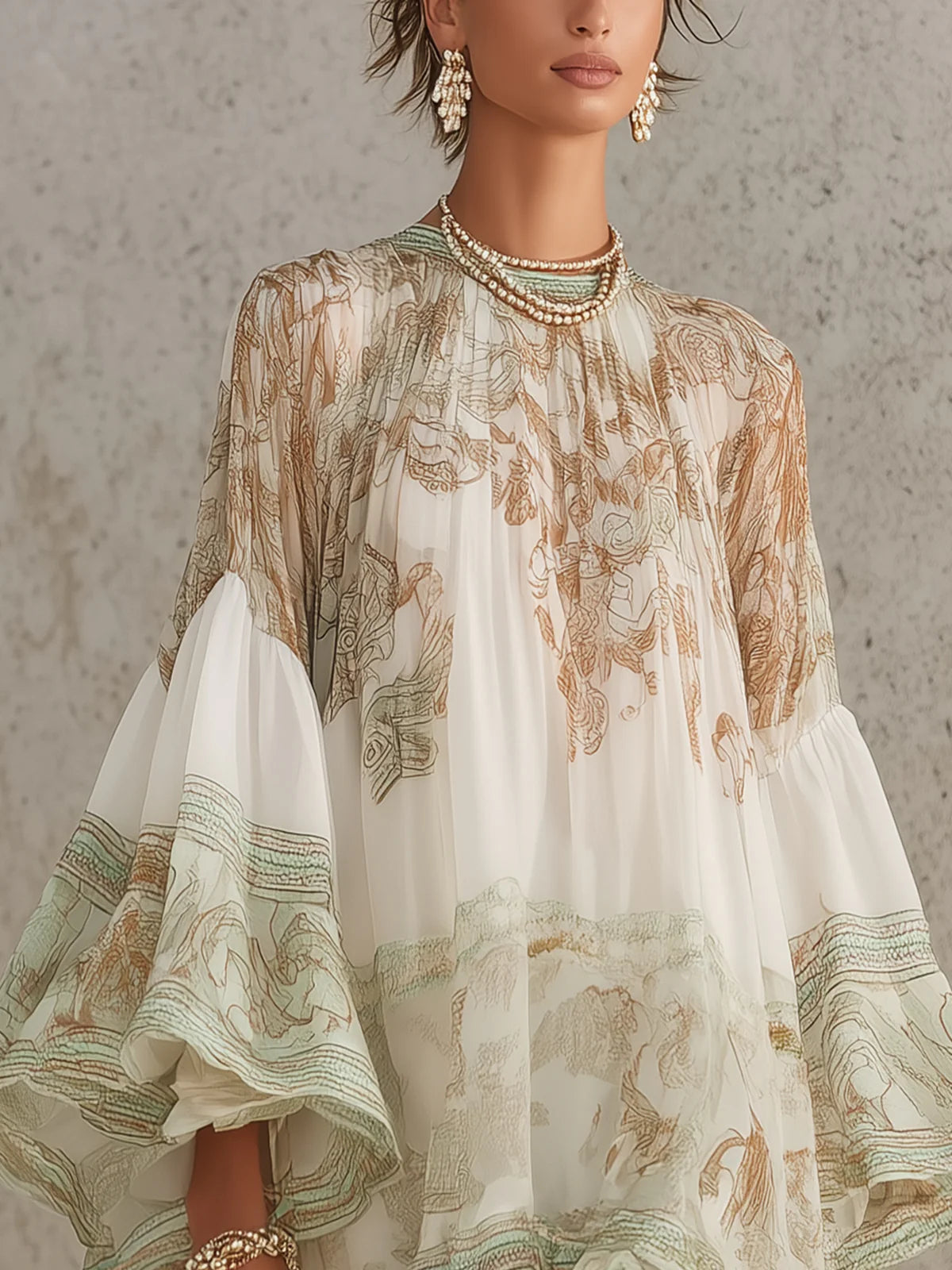 Vestido Mini de Gasa a Rayas con Mangas de Volantes Verde