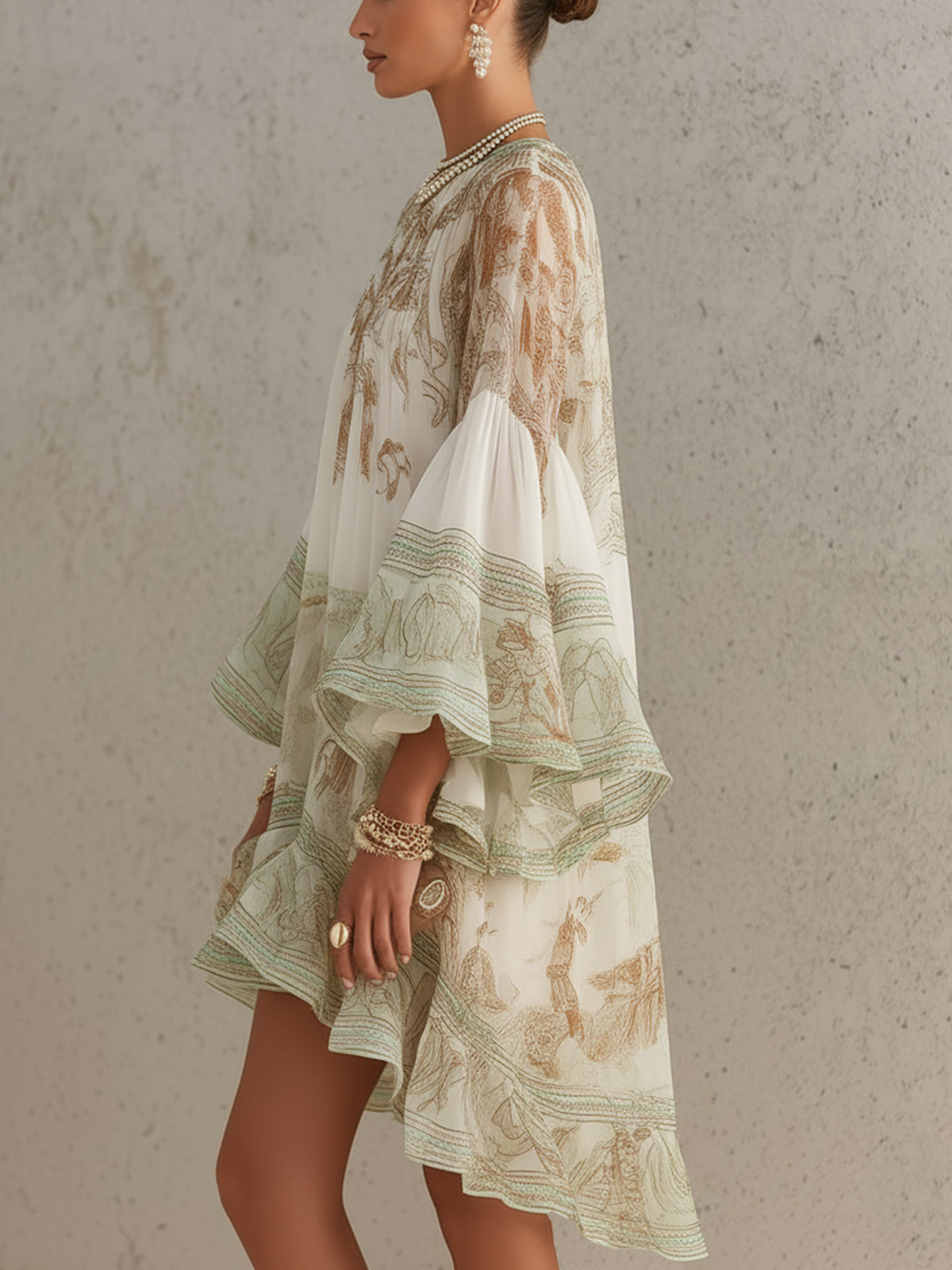 Vestido Mini de Gasa a Rayas con Mangas de Volantes Verde