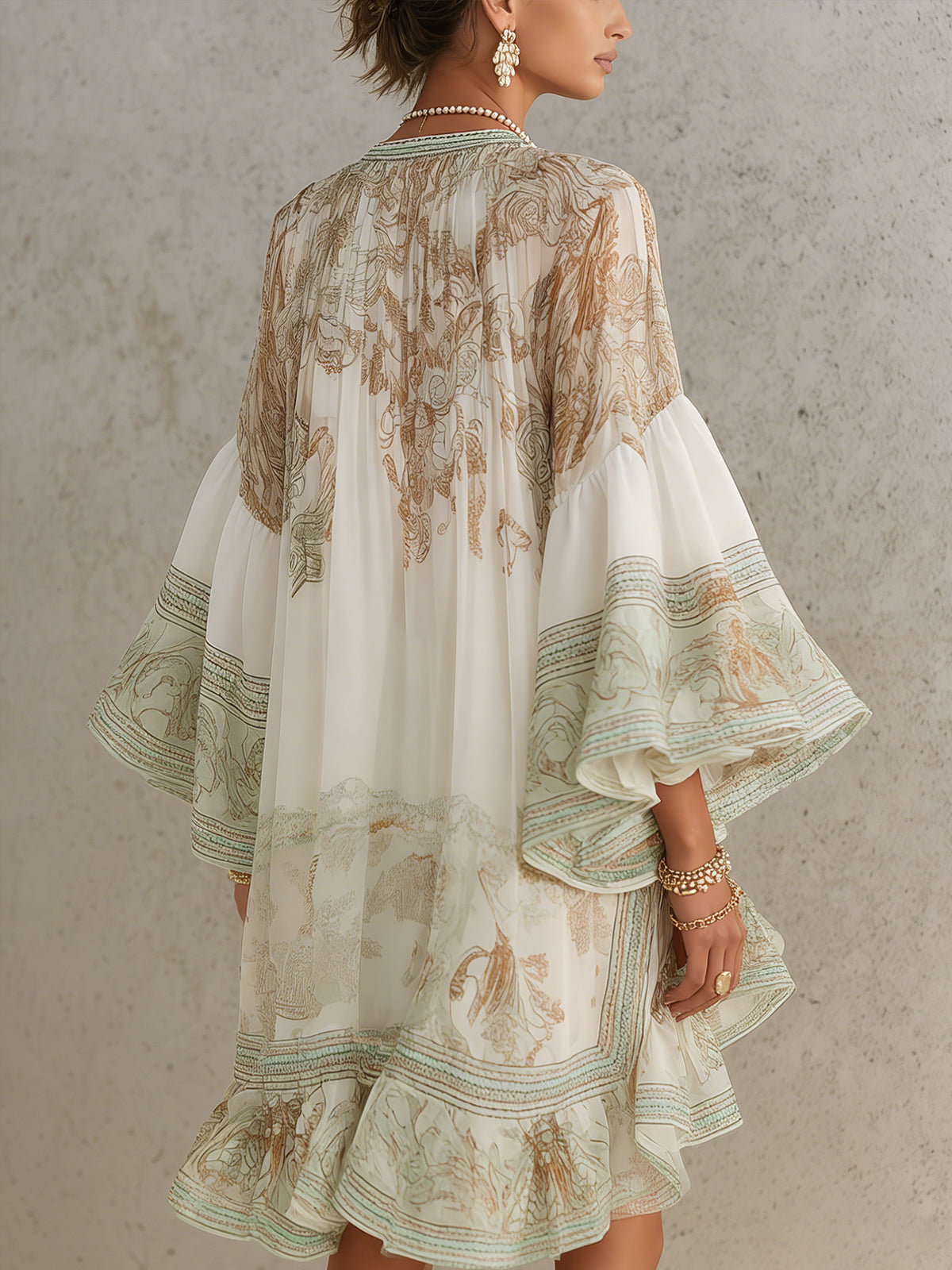Vestido Mini de Gasa a Rayas con Mangas de Volantes Verde